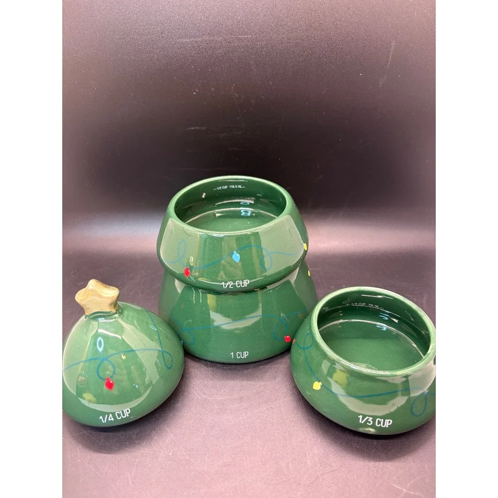 Christmas Tree Ceramic Nesting Measuring‎ Cup Set 4 Piece Green Holiday Decor